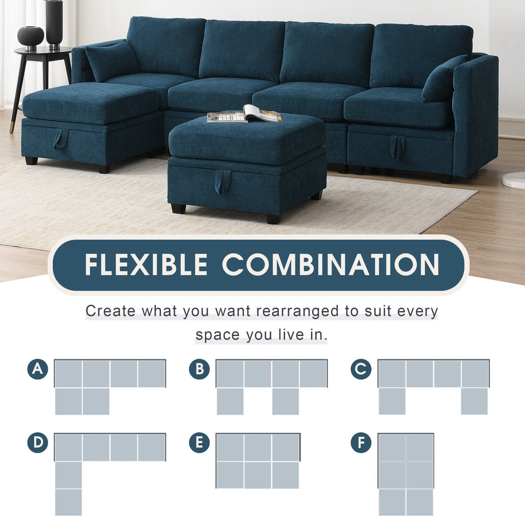 JONPONY Chenille Modular Sectional Sofa,U Shaped Couch with Adjustable Armrests and Backrests,6 Seat Reversible Sofa Bed with Storage Seats for Living Room