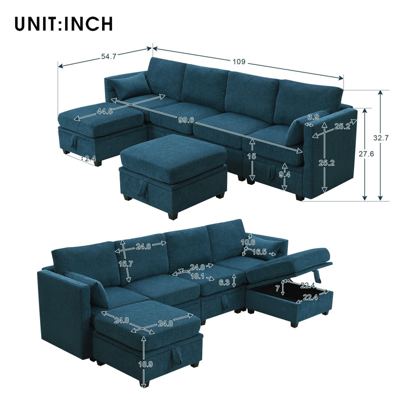 JONPONY Chenille Modular Sectional Sofa,U Shaped Couch with Adjustable Armrests and Backrests,6 Seat Reversible Sofa Bed with Storage Seats for Living Room