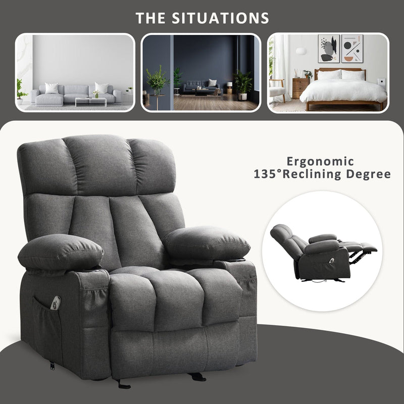 JONPONY Manual Recliner Chair with Heat Therapy and Massage Function, Heavy Duty Reclining Mechanism Massage Chair, Elderly Single Rocker Sofa with Cup Holders for Bedroom Home Theater,Grey