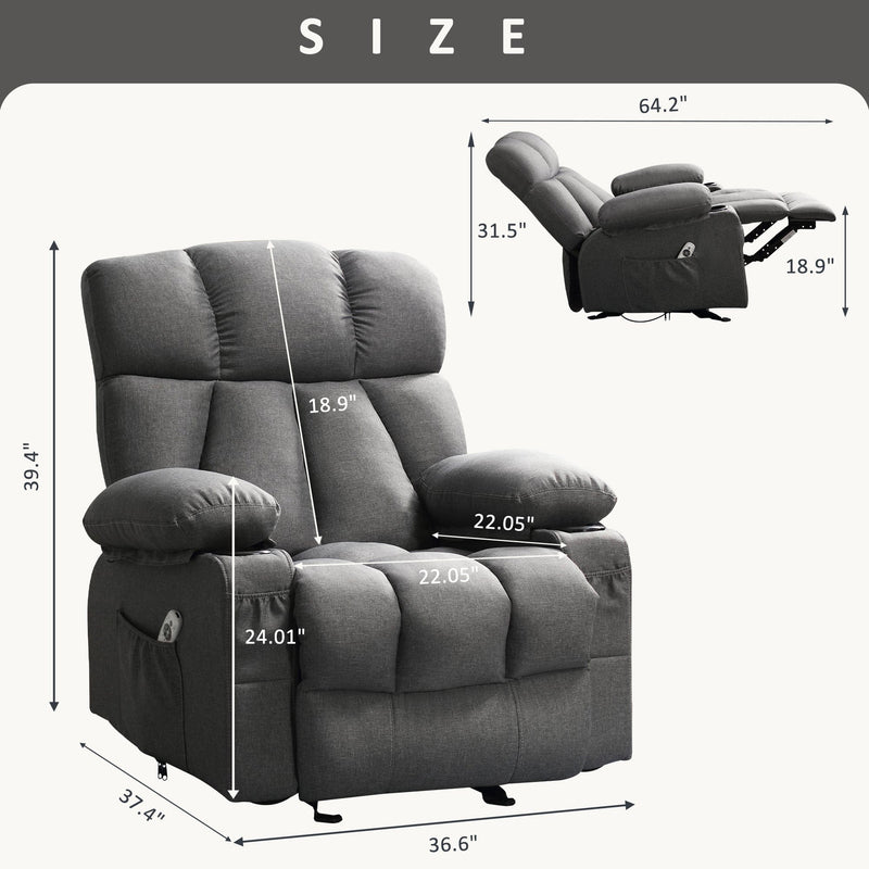 JONPONY Manual Recliner Chair with Heat Therapy and Massage Function, Heavy Duty Reclining Mechanism Massage Chair, Elderly Single Rocker Sofa with Cup Holders for Bedroom Home Theater,Grey