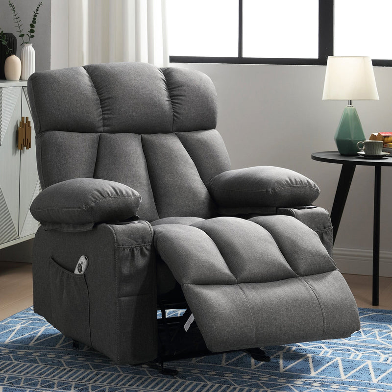 JONPONY Manual Recliner Chair with Heat Therapy and Massage Function, Heavy Duty Reclining Mechanism Massage Chair, Elderly Single Rocker Sofa with Cup Holders for Bedroom Home Theater,Grey