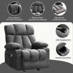 JONPONY Manual Recliner Chair with Heat Therapy and Massage Function, Heavy Duty Reclining Mechanism Massage Chair, Elderly Single Rocker Sofa with Cup Holders for Bedroom Home Theater,Grey