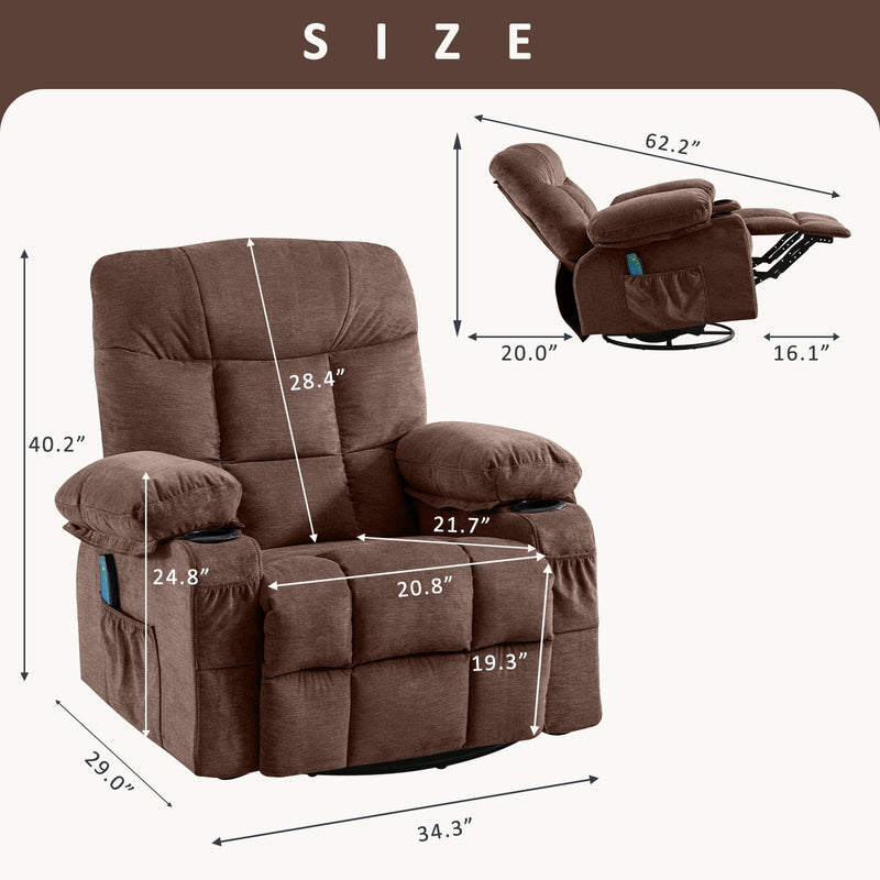 JONPONY Massage Rocker Recliner Chair with Vibration Massage and Heat Ergonomic Lounge Chair for Living Room with Rocking Function and Side Pocket, 2 Cup Holders, USB Charge Port,Brown