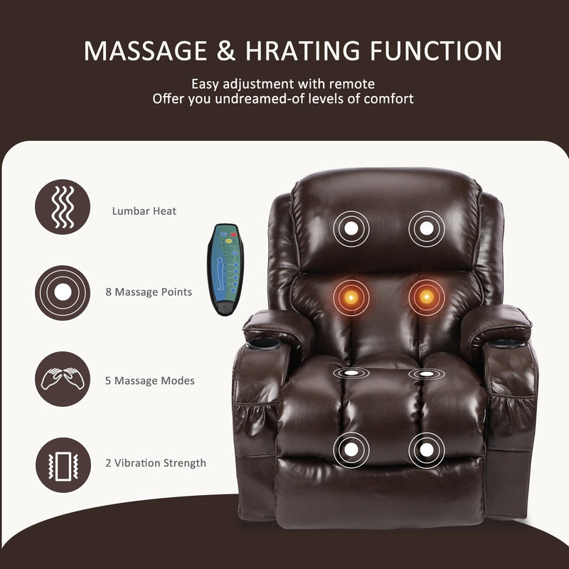 JONPONY Massage Rocker Recliner Chair with Vibration Massage and Heat Ergonomic Lounge Chair for Living Room with Rocking Function and Side Pocket, 2 Cup Holders, USB Charge Port,Brown