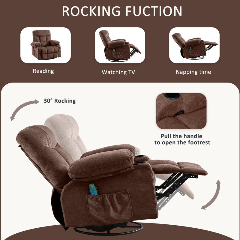 JONPONY Massage Rocker Recliner Chair with Vibration Massage and Heat Ergonomic Lounge Chair for Living Room with Rocking Function and Side Pocket, 2 Cup Holders, USB Charge Port,Brown