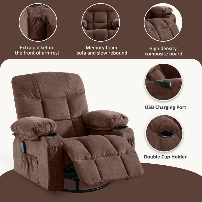 JONPONY Massage Rocker Recliner Chair with Vibration Massage and Heat Ergonomic Lounge Chair for Living Room with Rocking Function and Side Pocket, 2 Cup Holders, USB Charge Port,Brown