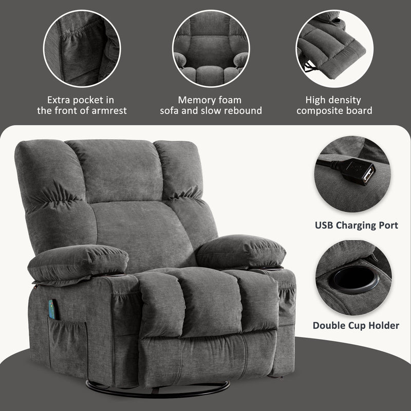 JONPONY Massage Rocker Recliner Chair with Vibration Massage and Heat Ergonomic Lounge Chair for Living Room with Rocking Function and Side Pocket, 2 Cup Holders, USB Charge Port,Grey