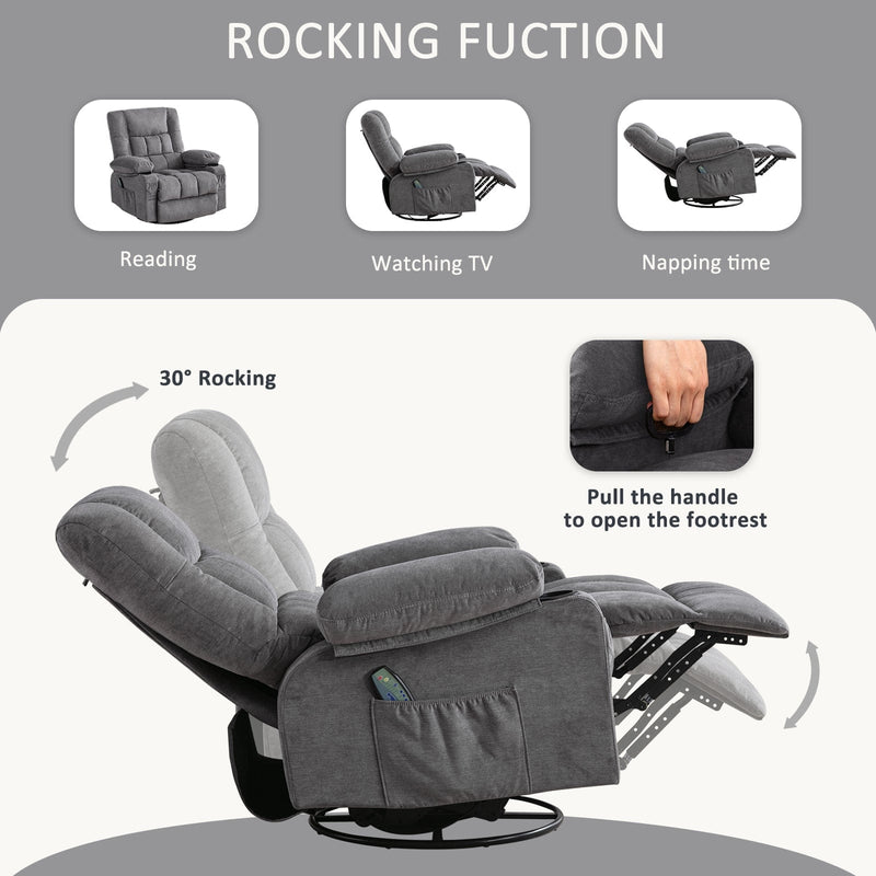 JONPONY Massage Swivel Rocker Recliner Chair with Vibration Massage and Heat Ergonomic Lounge Chair for Living Room with Rocking Function and Side Pocket, 2 Cup Holders, USB Charge Port,Grey