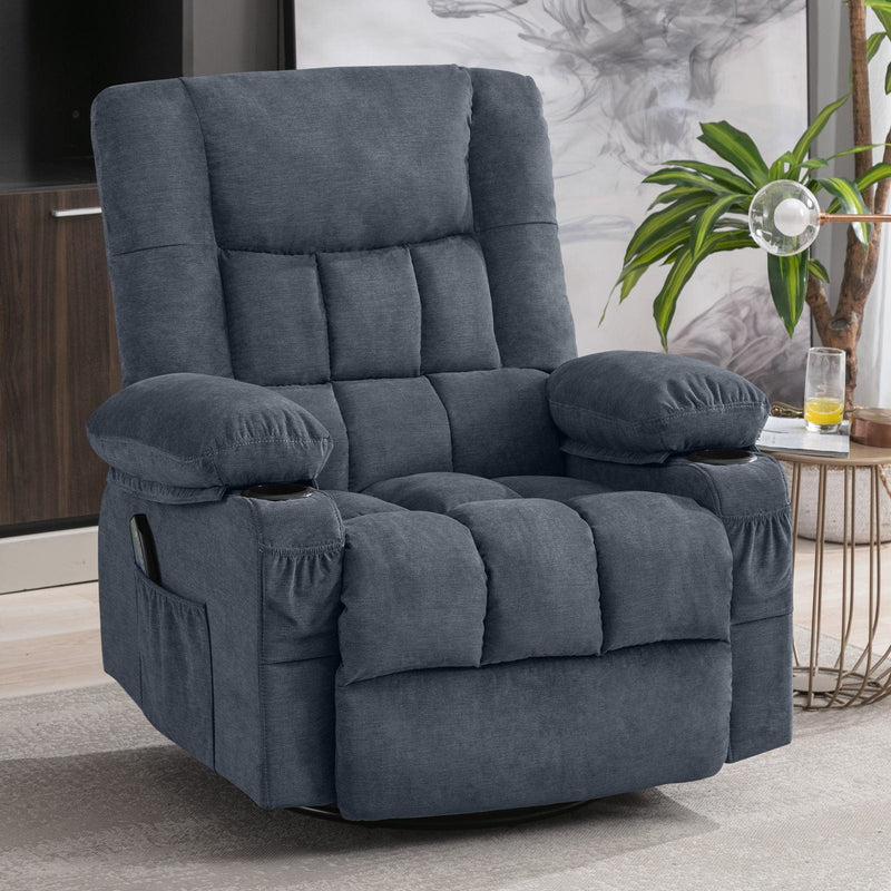 JONPONY Massage Swivel Rocker Recliner Chair with Vibration Massage and Heat Ergonomic Lounge Chair for Living Room with Rocking Function and Side Pocket, 2 Cup Holders, USB Charge Port,Grey