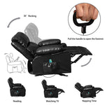 JONPONY Recliner Chair Rocker Recliner with Massage and Heat Leather Reclining Chair Manual Rocking Recliner Chair with 2 Cup Holders, USB Charge Port and Side Pocket,Black