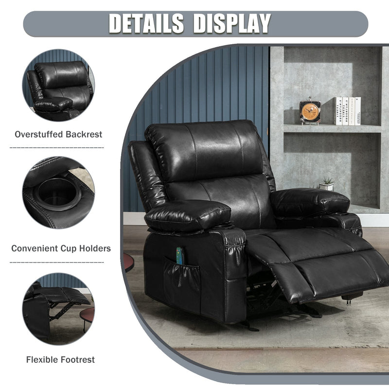 JONPONY Recliner Chair Rocker Recliner with Massage and Heat Leather Reclining Chair Manual Rocking Recliner Chair with 2 Cup Holders, USB Charge Port and Side Pocket,Black