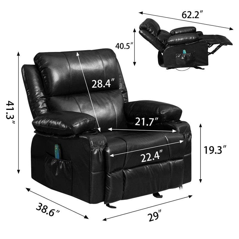 JONPONY Recliner Chair Rocker Recliner with Massage and Heat Leather Reclining Chair Manual Rocking Recliner Chair with 2 Cup Holders, USB Charge Port and Side Pocket,Black