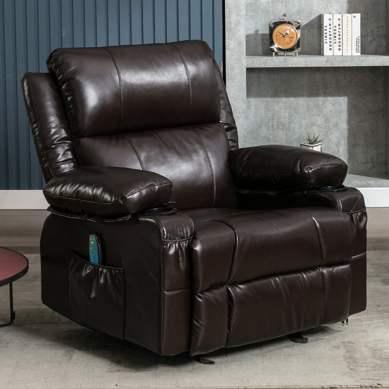 JONPONY Recliner Chair Rocker Recliner with Massage and Heat Leather Reclining Chair Manual Rocking Recliner Chair with 2 Cup Holders, USB Charge Port and Side Pocket,Black