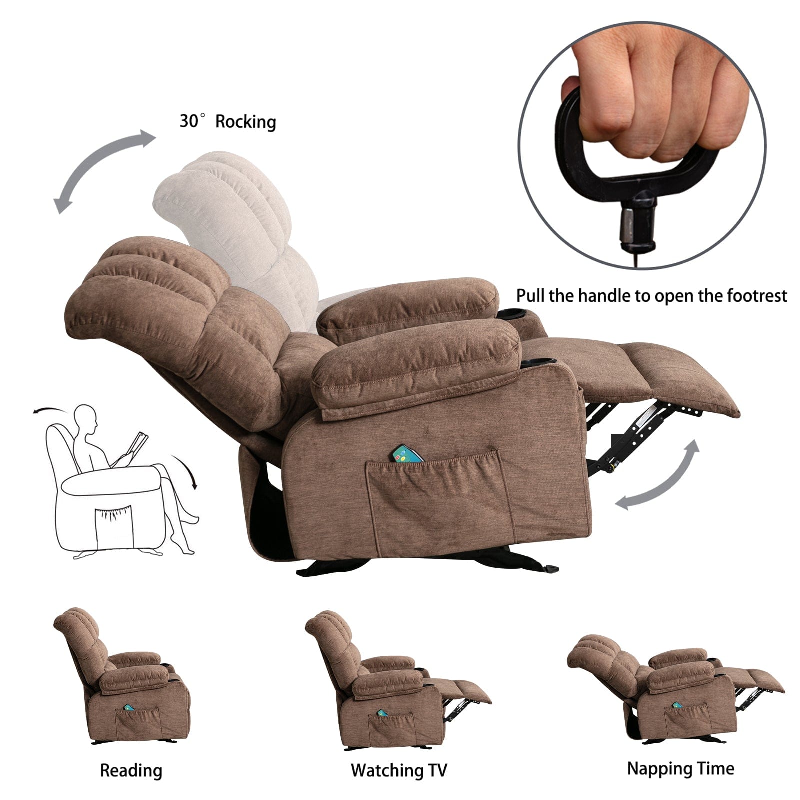 JONPONY Recliner Chair Rocker Recliner with Massage and Heat Soft Fabr