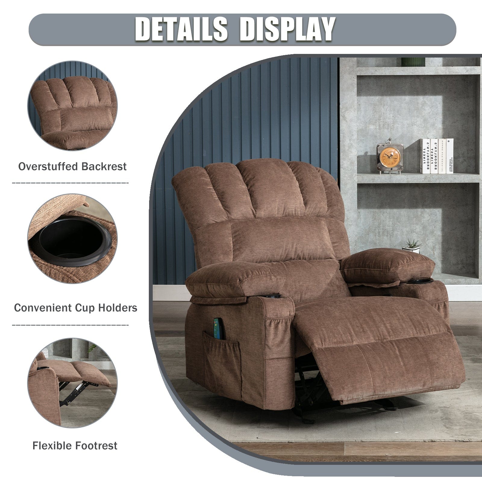 JONPONY Recliner Chair Rocker Recliner with Massage and Heat Soft Fabr