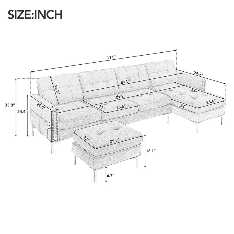 JONPONY U Shape Convertible Sectional Sofa Couch with Movable Ottoman for Living Room, Apartment, Office, Light Grey