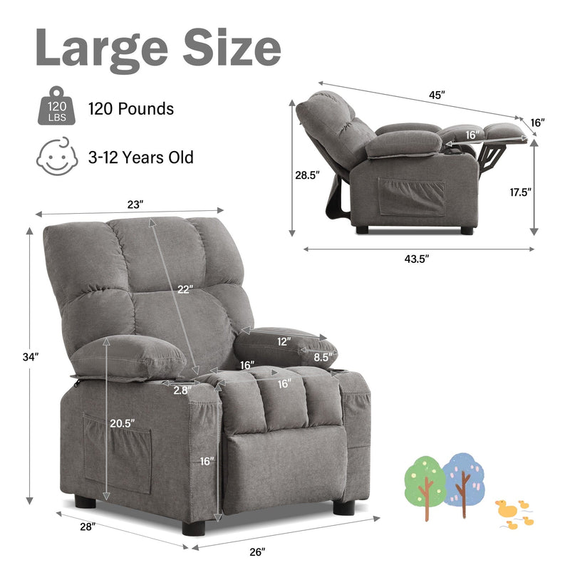 JONPONY Kids Recliner Chair， Push Back Toddler Recliner with Cup Holders & Side Pockets， Adjustable Footrest & Headrest Kids Sofa for Boys Girls 3+ Age Group