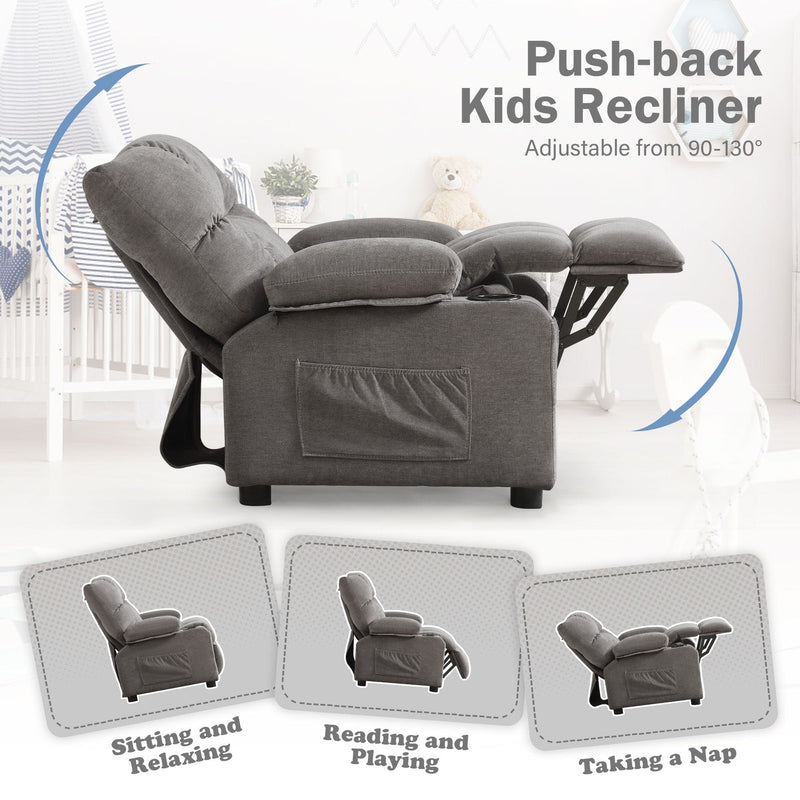 JONPONY Kids Recliner Chair， Push Back Toddler Recliner with Cup Holders & Side Pockets， Adjustable Footrest & Headrest Kids Sofa for Boys Girls 3+ Age Group