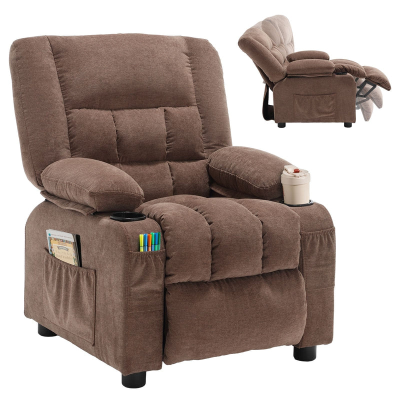 JONPONY Kids Recliner Chair，Push Back Toddler Recliner with Cup Holders & Side Pockets， Adjustable Footrest & Headrest Kids Sofa for Boys Girls 3+ Age Group, Grey