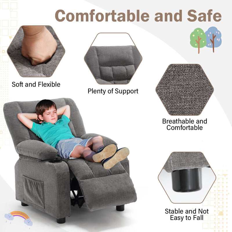 JONPONY Kids Recliner Chair，Push Back Toddler Recliner with Cup Holders & Side Pockets， Adjustable Footrest & Headrest Kids Sofa for Boys Girls 3+ Age Group, Grey