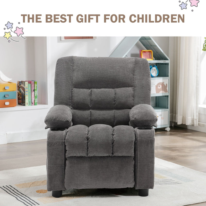 JONPONY Kids Recliner Chair，Push Back Toddler Recliner with Cup Holders & Side Pockets， Adjustable Footrest & Headrest Kids Sofa for Boys Girls 3+ Age Group, Grey