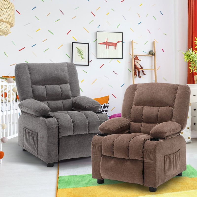 JONPONY Kids Recliner Chair，Push Back Toddler Recliner with Cup Holders & Side Pockets， Adjustable Footrest & Headrest Kids Sofa for Boys Girls 3+ Age Group, Grey