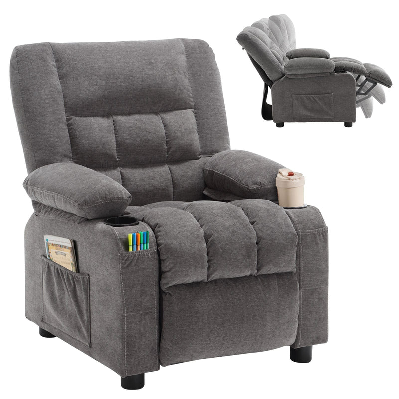 JONPONY Kids Recliner Chair，Push Back Toddler Recliner with Cup Holders & Side Pockets， Adjustable Footrest & Headrest Kids Sofa for Boys Girls 3+ Age Group, Grey