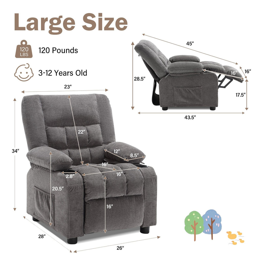 JONPONY Kids Recliner Chair，Push Back Toddler Recliner with Cup Holders & Side Pockets， Adjustable Footrest & Headrest Kids Sofa for Boys Girls 3+ Age Group, Grey