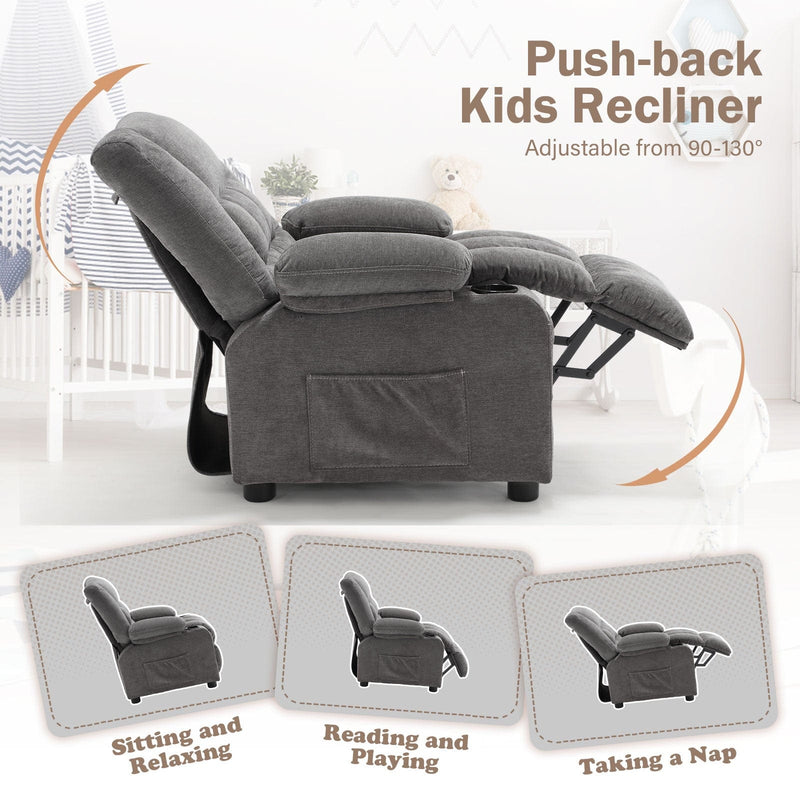 JONPONY Kids Recliner Chair，Push Back Toddler Recliner with Cup Holders & Side Pockets， Adjustable Footrest & Headrest Kids Sofa for Boys Girls 3+ Age Group, Grey