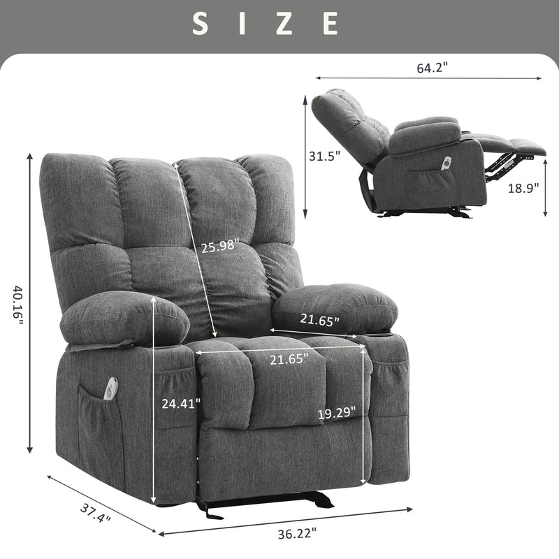 JONPONY Manual Recliner Chair with Heat Therapy and Massage Function, Heavy Duty Reclining Mechanism Massage Chair, Elderly Single Rocker Sofa with Cup Holders for Bedroom Home Theater,Grey