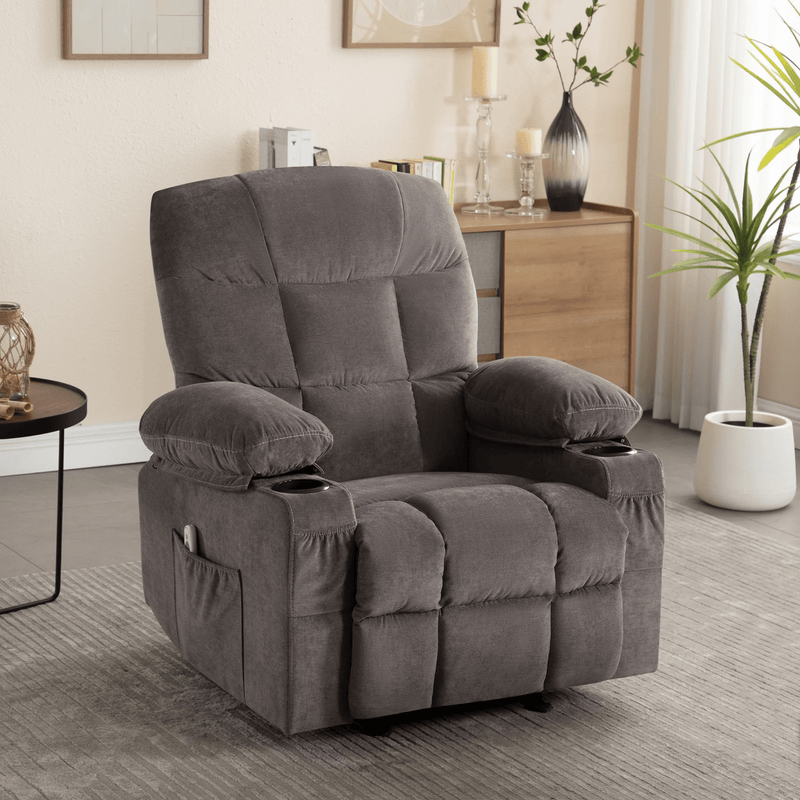 JONPONY Manual Roker Massage Recliner Chair,Home Theater with Heat and Vibration with USB Port,Cup Holders-GREY