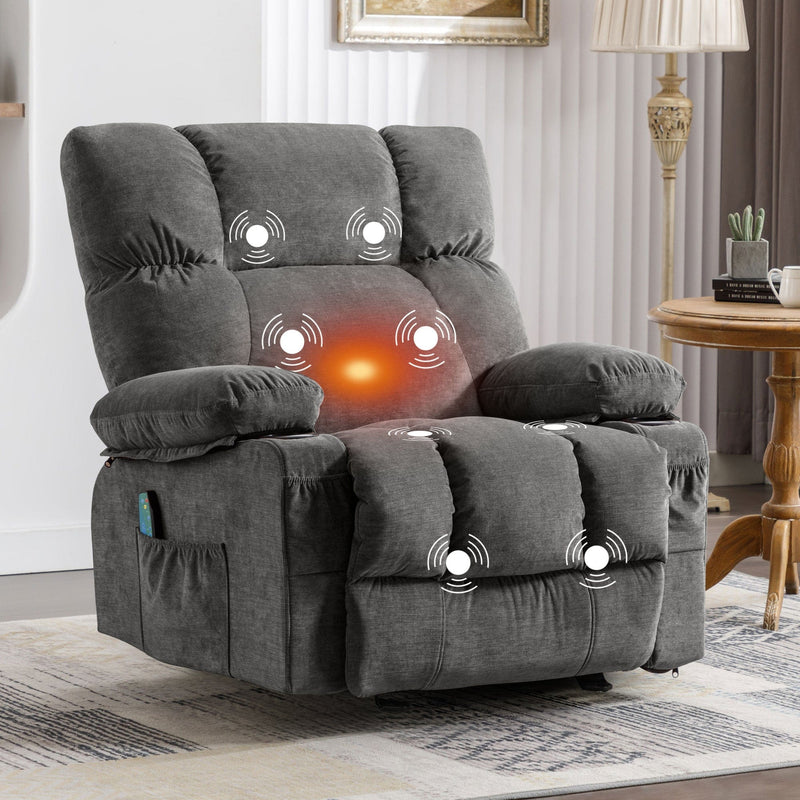 JONPONY Massage Rocker Recliner Chair with Vibration Massage and Heat Ergonomic Lounge Chair for Living Room with Rocking Function and Side Pocket, 2 Cup Holders, USB Charge Port,Grey