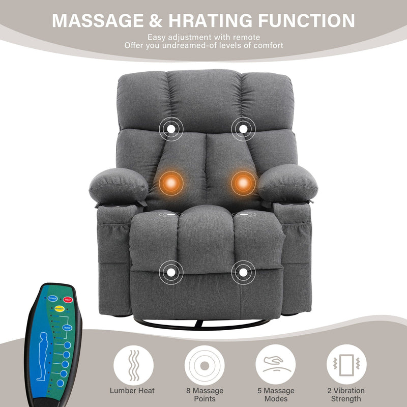 JONPONY Massage Rocker Recliner Chair with Vibration Massage and Heat Ergonomic Lounge Chair for Living Room with Rocking Function and Side Pocket, 2 Cup Holders, USB Charge Port,Grey