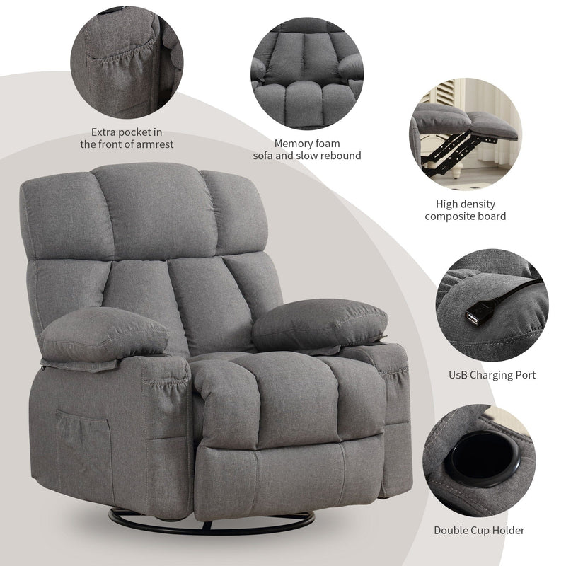 JONPONY Massage Rocker Recliner Chair with Vibration Massage and Heat Ergonomic Lounge Chair for Living Room with Rocking Function and Side Pocket, 2 Cup Holders, USB Charge Port,Grey