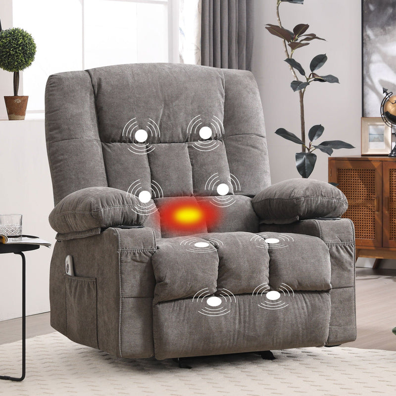 JONPONY Massage Swivel Rocker Recliner Chair with Vibration Massage and Heat Ergonomic Lounge Chair for Living Room with Rocking Function and Side Pocket, 2 Cup Holders, USB Charge Port,Grey