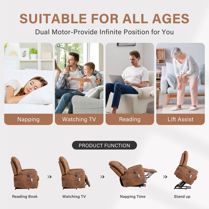 JONPONY Power Lift Recliner Chair for Elderly ,Massage Chair Full Body for Living Room with Infinite Position and Side Pocket,USB Charge Port,Light Brown