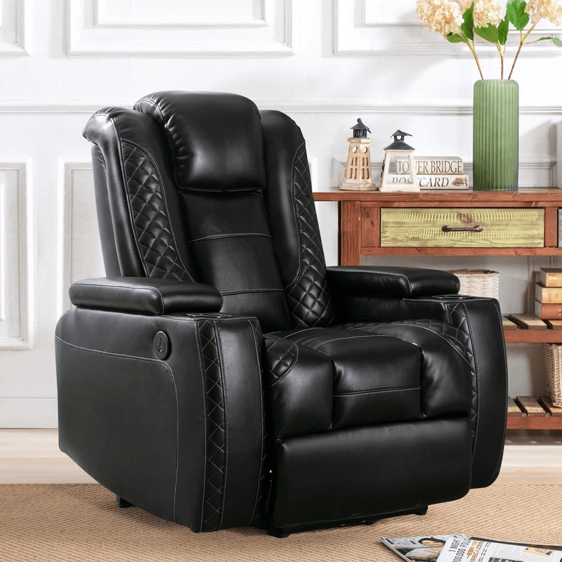 JONPONY Power Recliner Chair with Cup Holders and Hidden Arm Storage Leather Home Theater Recliner with with USB Ports-Black