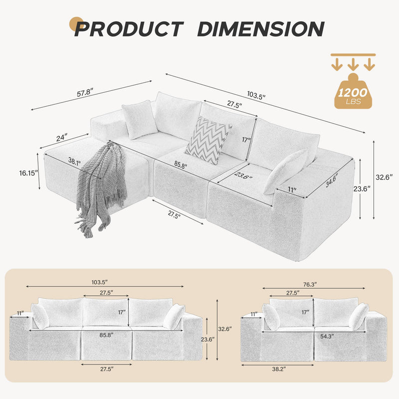 JONPONY 103" Modular Sectional Sofa, L Shaped Cloud Sectional Couch with Deep Seats, Modern Boneless Couch with Chaise, No Assembly Foam Couches, Upholstered Couches for Living Room & Bedroom