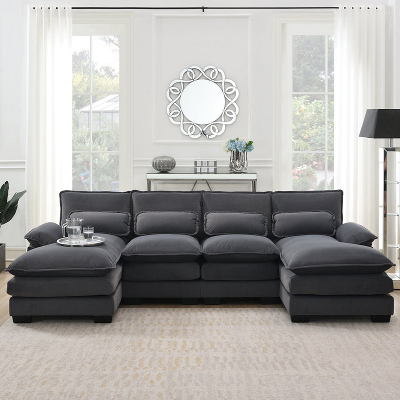 JONPONY 109.8" U Shaped Couch, 4 Seat Sectional with 4 Throw Pillows, Convertible Upholstery Symmetrical Sofá,High Dense Memory Foam with Double Chaise Lounge &Memory Foam for Living Room, Grey
