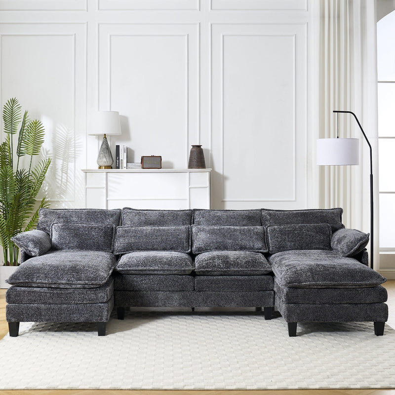 JONPONY 109.8" U Shaped Couch, 4 Seat Sectional with 4 Throw Pillows, Convertible Upholstery Symmetrical Sofá,High Dense Memory Foam with Double Chaise Lounge &Memory Foam for Living Room, Grey