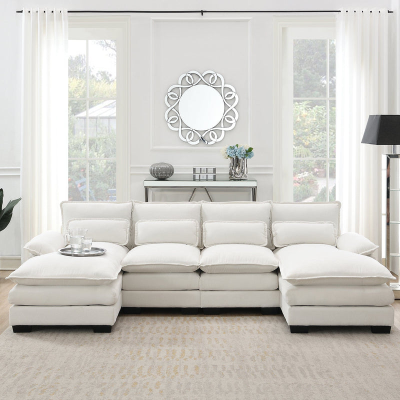 JONPONY 109.8" U Shaped Couch, 4 Seat Sectional with 4 Throw Pillows, Convertible Upholstery Symmetrical Sofá,High Dense Memory Foam with Double Chaise Lounge &Memory Foam for Living Room, Grey