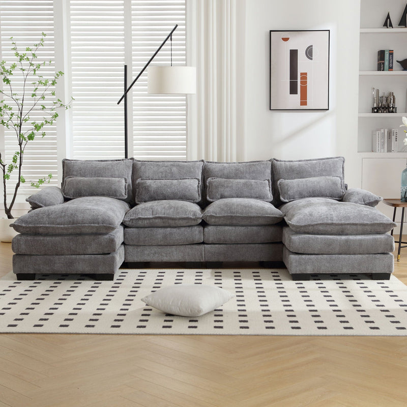 JONPONY 109.8" U Shaped Couch, 4 Seat Sectional with 4 Throw Pillows, Convertible Upholstery Symmetrical Sofá,High Dense Memory Foam with Double Chaise Lounge &Memory Foam for Living Room, Grey