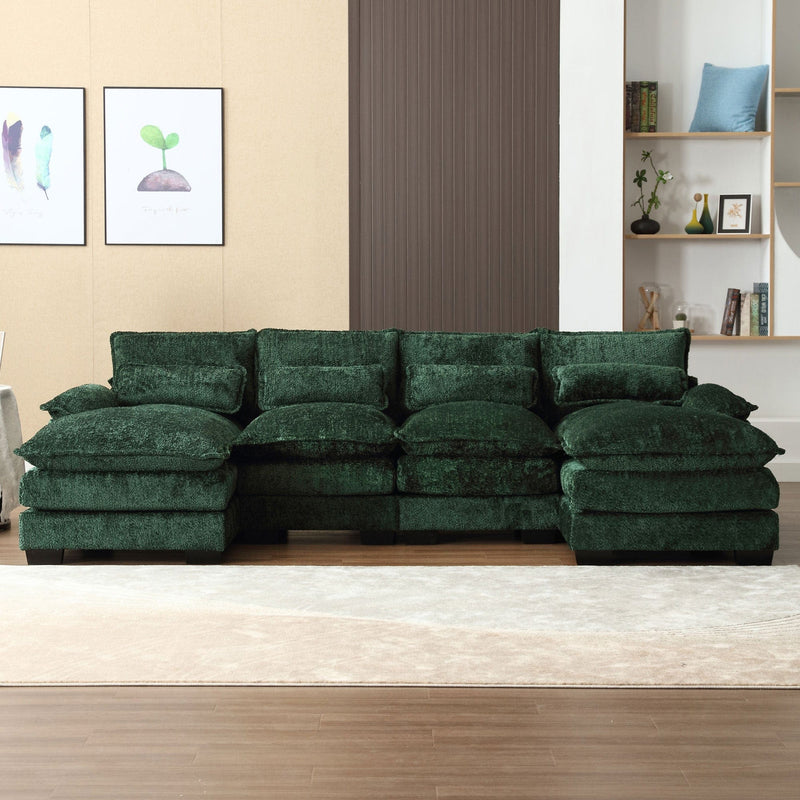 JONPONY 109.8" U Shaped Couch, 4 Seat Sectional with 4 Throw Pillows, Convertible Upholstery Symmetrical Sofá,High Dense Memory Foam with Double Chaise Lounge &Memory Foam for Living Room, Grey