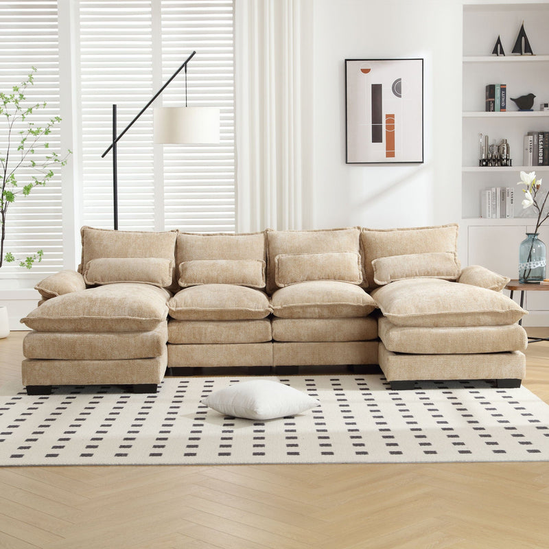 JONPONY 109.8" U Shaped Couch, 4 Seat Sectional with 4 Throw Pillows, Convertible Upholstery Symmetrical Sofá,High Dense Memory Foam with Double Chaise Lounge &Memory Foam for Living Room, Grey