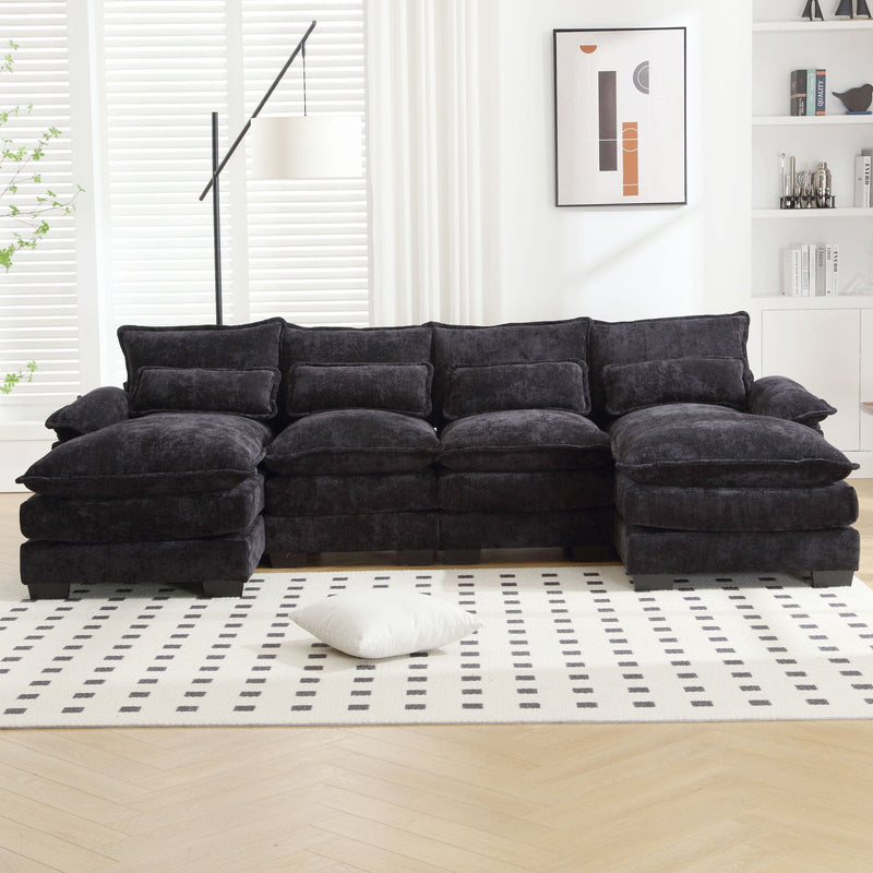 JONPONY 109.8" U Shaped Couch, 4 Seat Sectional with 4 Throw Pillows, Convertible Upholstery Symmetrical Sofá,High Dense Memory Foam with Double Chaise Lounge &Memory Foam for Living Room, Grey