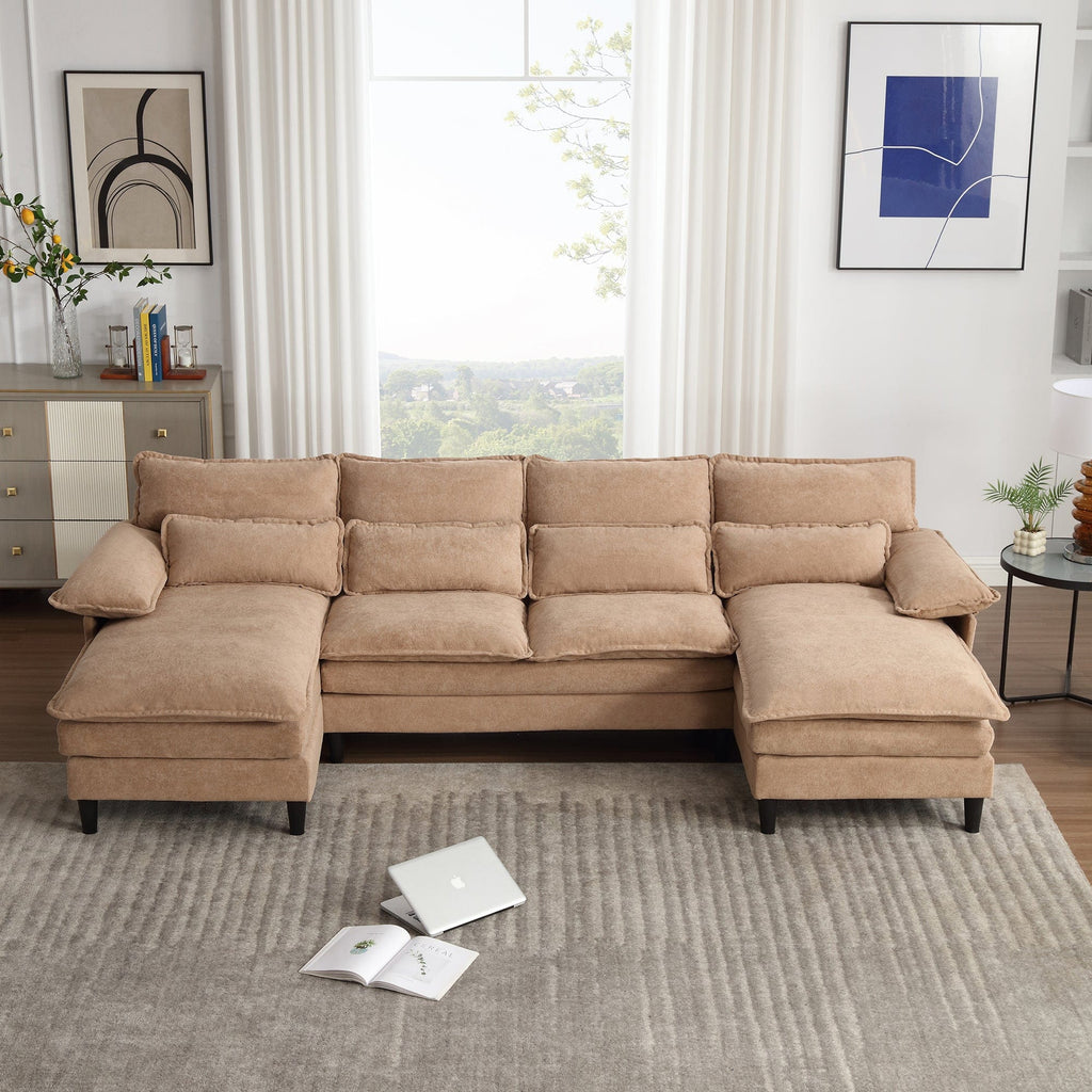 JONPONY 109.8" U Shaped Couch, 4 Seat Sectional with 4 Throw Pillows, Convertible Upholstery Symmetrical Sofá,High Dense Memory Foam with Double Chaise Lounge &Memory Foam for Living Room, Grey