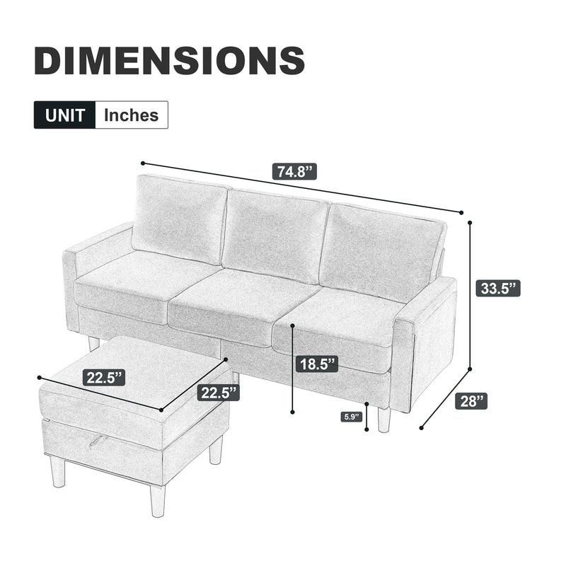 JONPONY 35.5" L Shaped Couch With Storage Reversible Ottoman Bench 3 Seater for Living Room, Apartment, Compact Spaces