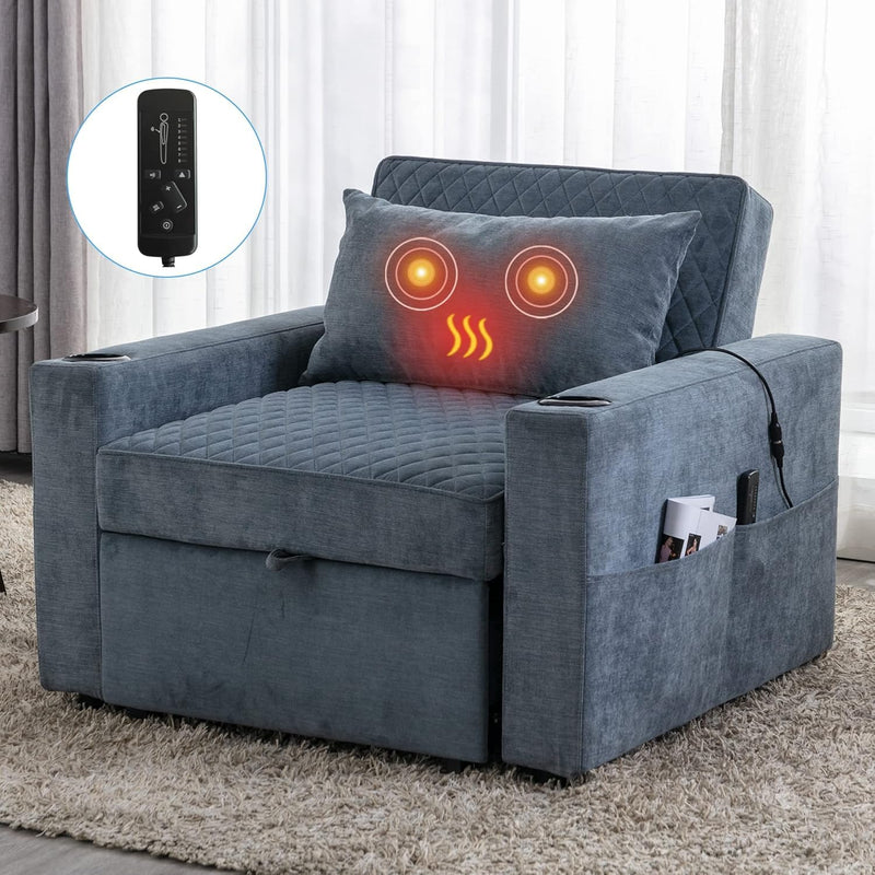 JONPONY Convertible Sleeper Chair Bed with Massage and Heat Pillow, 3 in 1 Sleeper Multi-Functional Chair Sofa Bed for Drawing Room,Bedroom for Adult