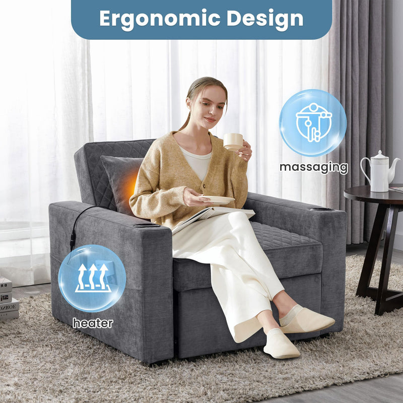 JONPONY Convertible Sleeper Chair Bed with Massage and Heat Pillow, 3 in 1 Sleeper Multi-Functional Chair Sofa Bed for Drawing Room,Bedroom for Adult