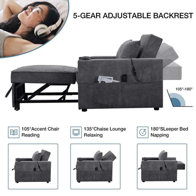 JONPONY Convertible Sleeper Chair Bed with Massage and Heat Pillow, 3 in 1 Sleeper Multi-Functional Chair Sofa Bed for Drawing Room,Bedroom for Adult
